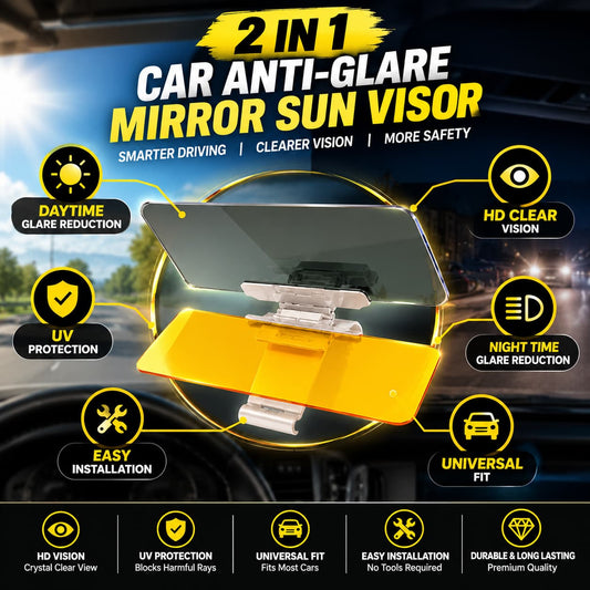 2-in-1 Car Anti-Glare Sun Visor Mirror - Day & Night Glare Reduction - Comfortable and Safer Driving