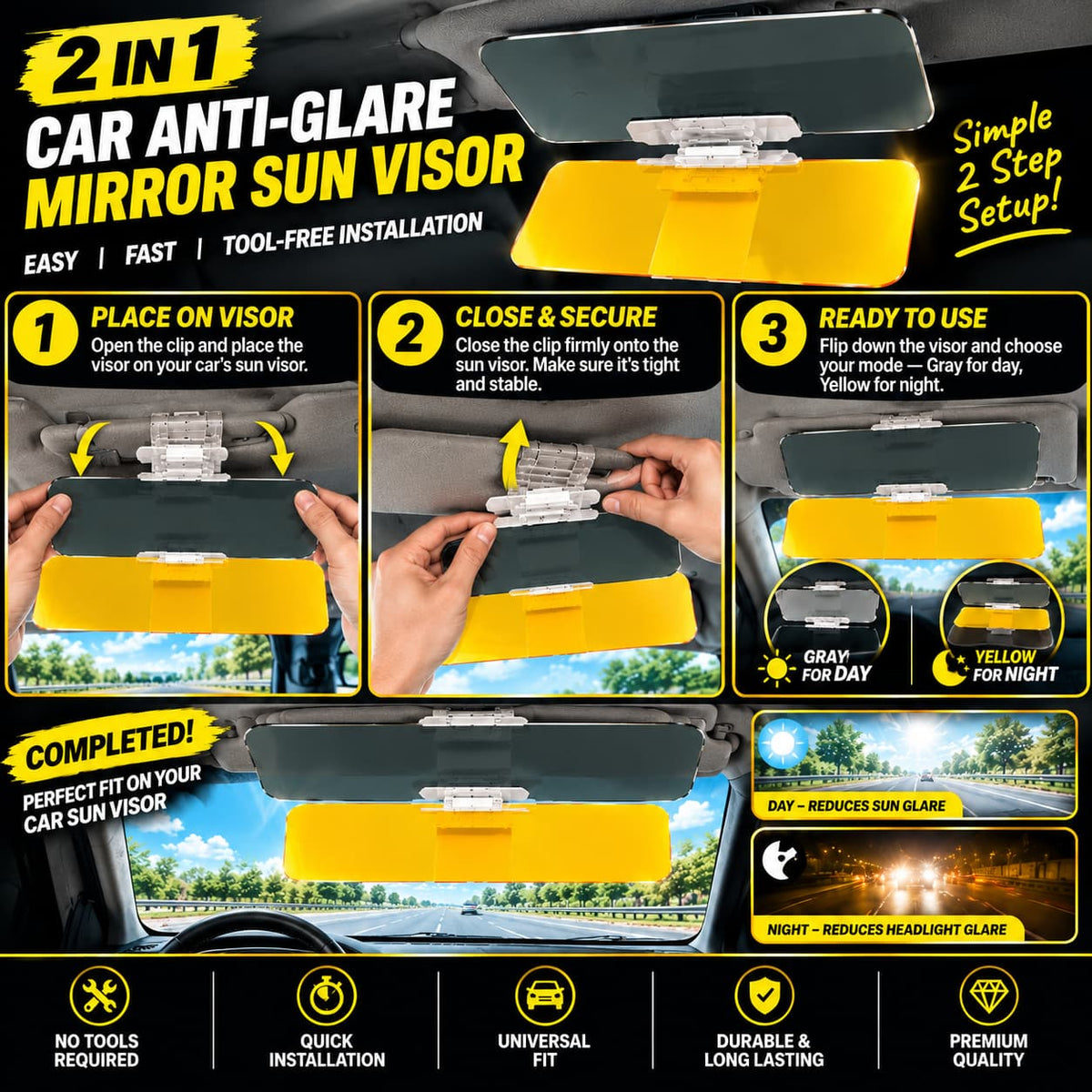 2-in-1 Car Anti-Glare Sun Visor Mirror - Day & Night Glare Reduction - Comfortable and Safer Driving