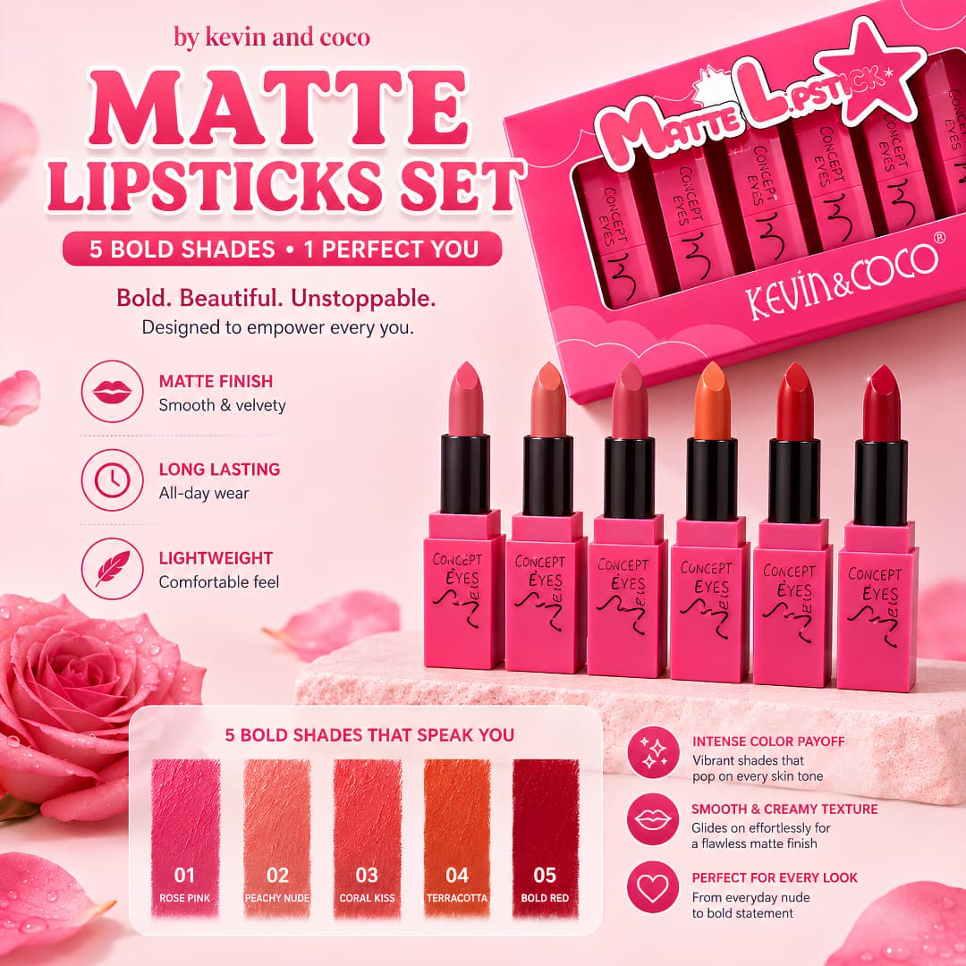 KEVIN & COCO 5PCS Velvet Matte Lipstick Set β Long Lasting, Lightweight, Premium Gift Box