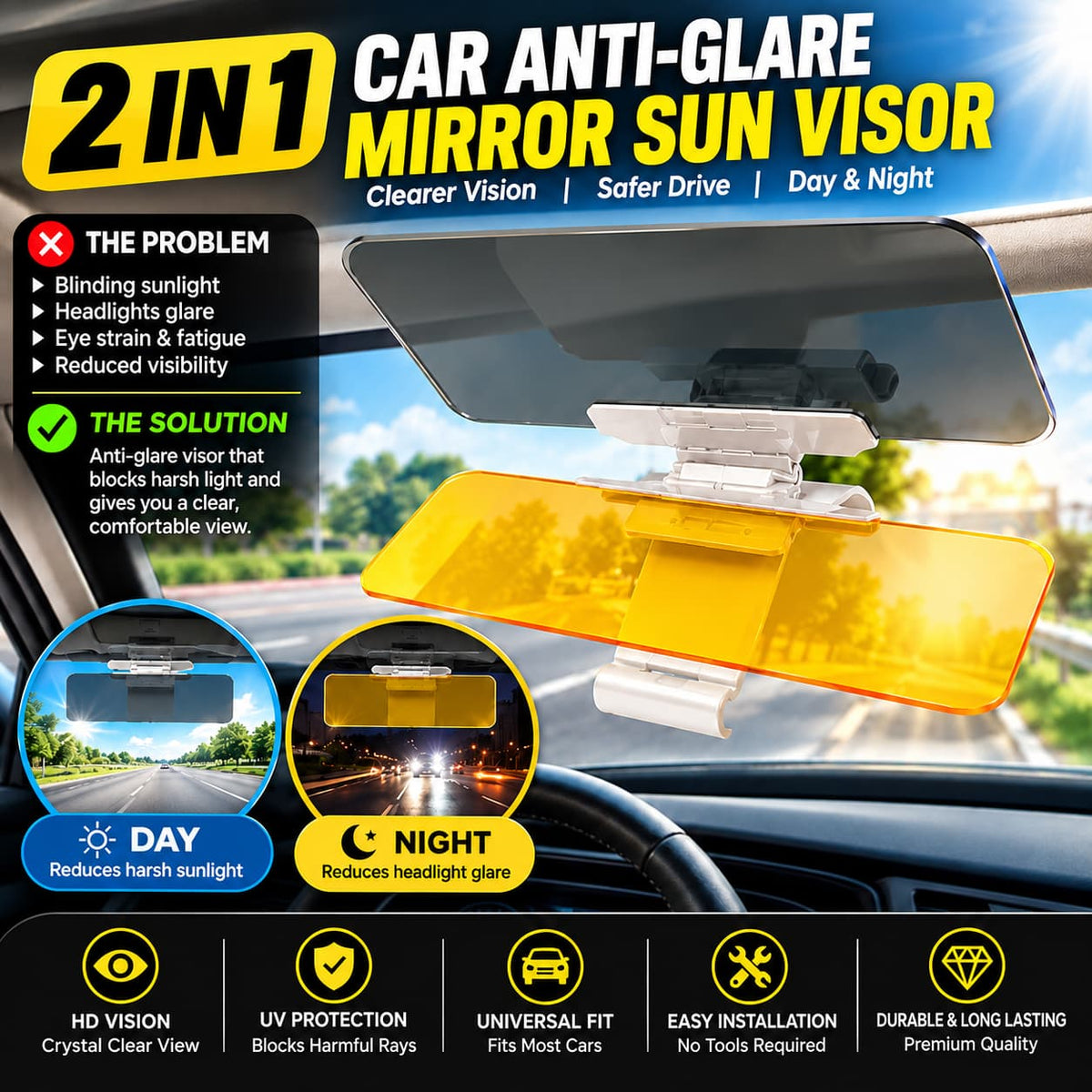2-in-1 Car Anti-Glare Sun Visor Mirror - Day & Night Glare Reduction - Comfortable and Safer Driving