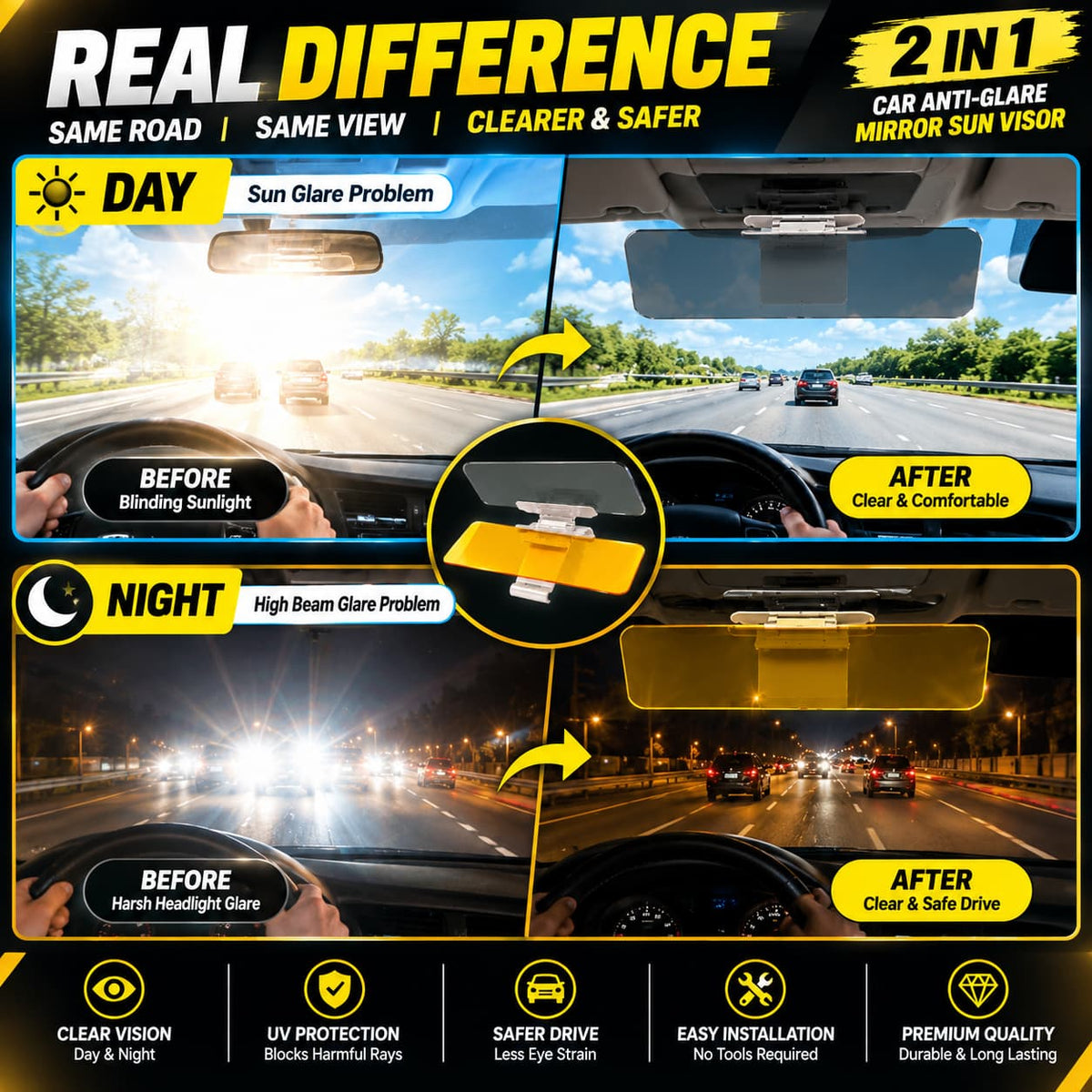 2-in-1 Car Anti-Glare Sun Visor Mirror - Day & Night Glare Reduction - Comfortable and Safer Driving