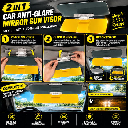 2-in-1 Car Anti-Glare Sun Visor Mirror - Day & Night Glare Reduction - Comfortable and Safer Driving