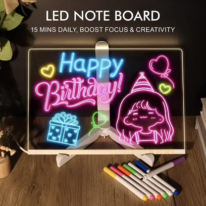 Glowing LED Acrylic Writing Board with 7 Neon Markers – USB Light-Up 30x20 Cm