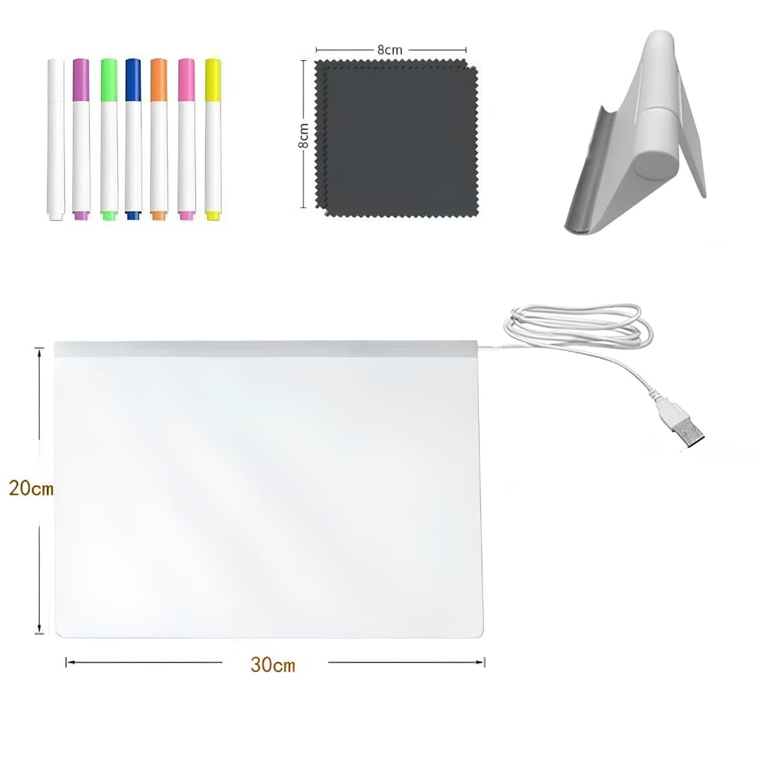 Glowing LED Acrylic Writing Board with 7 Neon Markers – USB Light-Up 30x20 Cm