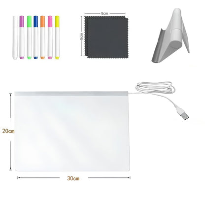 Glowing LED Acrylic Writing Board with 7 Neon Markers – USB Light-Up 30x20 Cm
