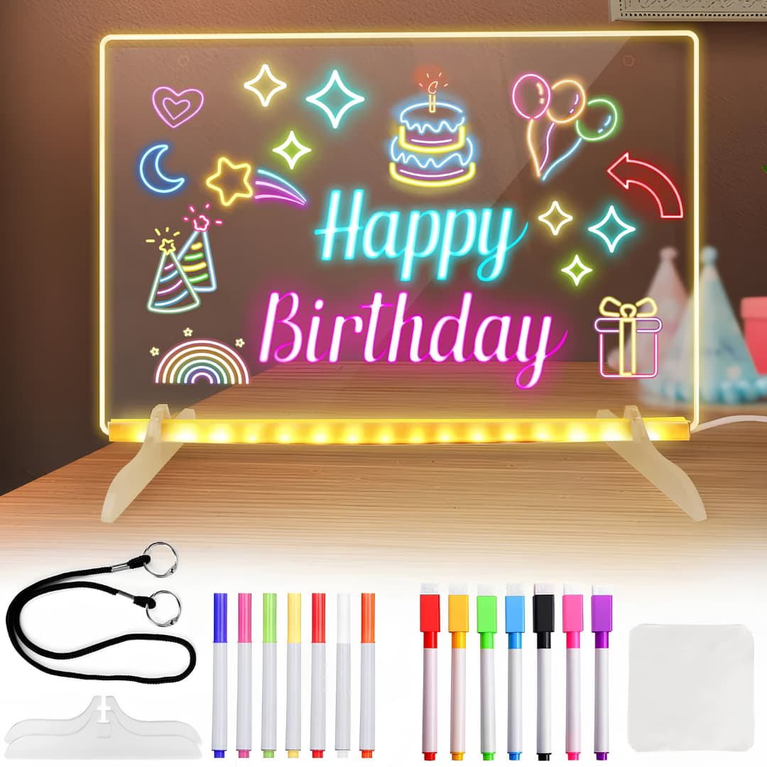 Glowing LED Acrylic Writing Board with 7 Neon Markers – USB Light-Up 30x20 Cm