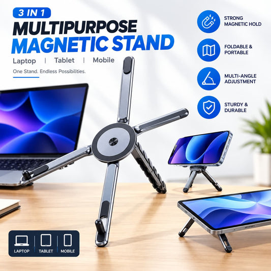 3-in-1 Magnetic Multipurpose Stand For Laptop, Tablet & Mobile - Foldable, Multi-Angle & Adjustable