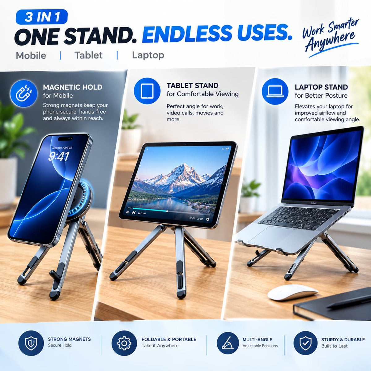 3-in-1 Magnetic Multipurpose Stand For Laptop, Tablet & Mobile - Foldable, Multi-Angle & Adjustable