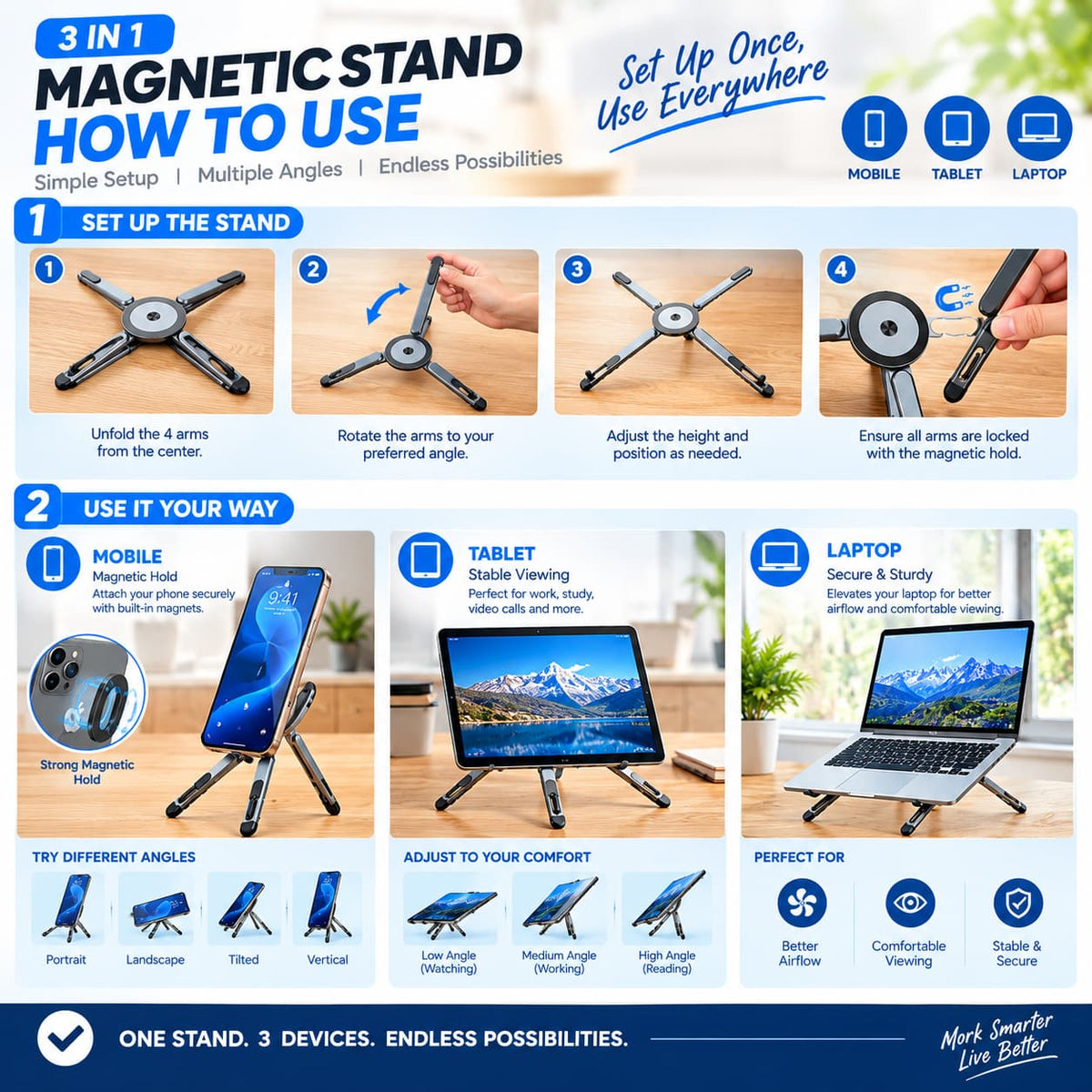 3-in-1 Magnetic Multipurpose Stand For Laptop, Tablet & Mobile - Foldable, Multi-Angle & Adjustable